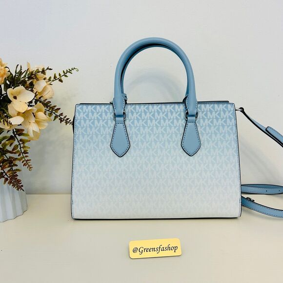 Michael Kors Purse Sheila Medium Ombré Signature Logo Satchel LT Sky - Picture 4 of 10